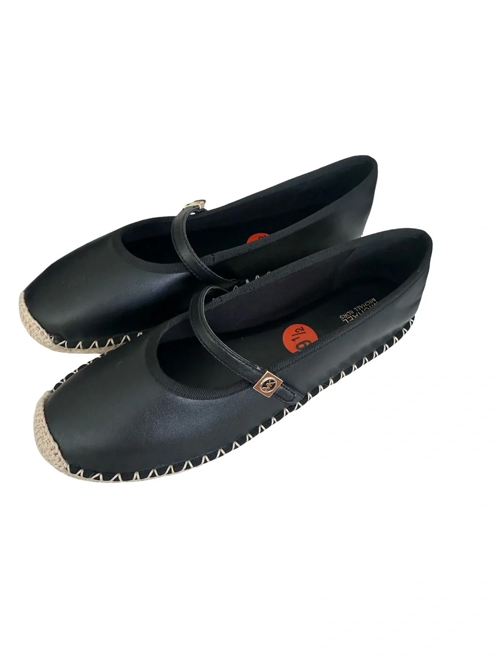 New Michael Kors Black Leather Mary Jane Espadrille Flats with Jute Trim Size 9.